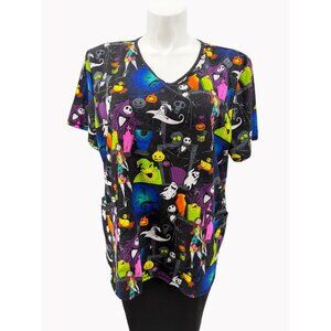 Disney Nightmare Before Christmas Scrub Top 2XL V-Neck Short Sleeve Halloween Pr